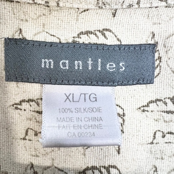 Mantles 100% silk beige leaf print short sleeve shirt XL - Picture 11 of 11